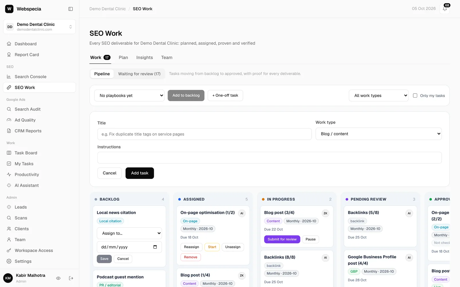 Assigning a backlog task to a team member with a due date