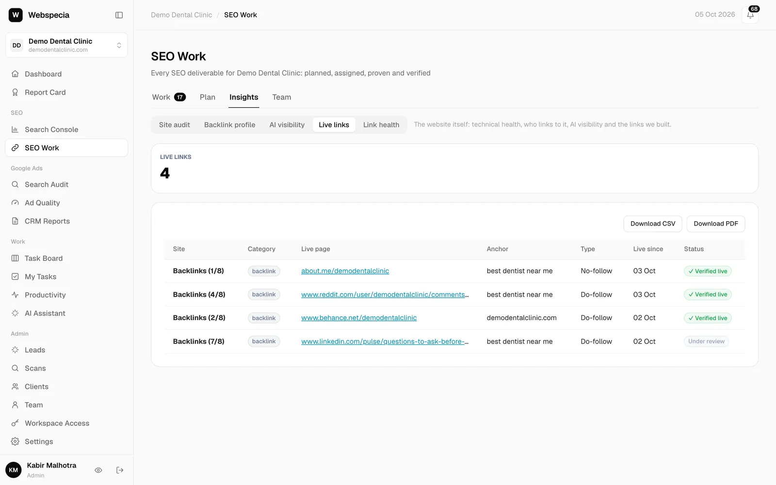 Live links table with Download CSV and Download PDF buttons