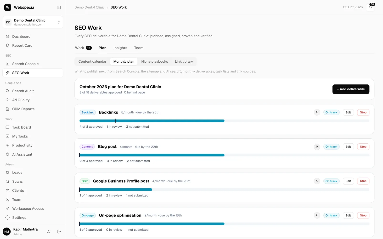 October plan with progress bars and On track badges for each deliverable