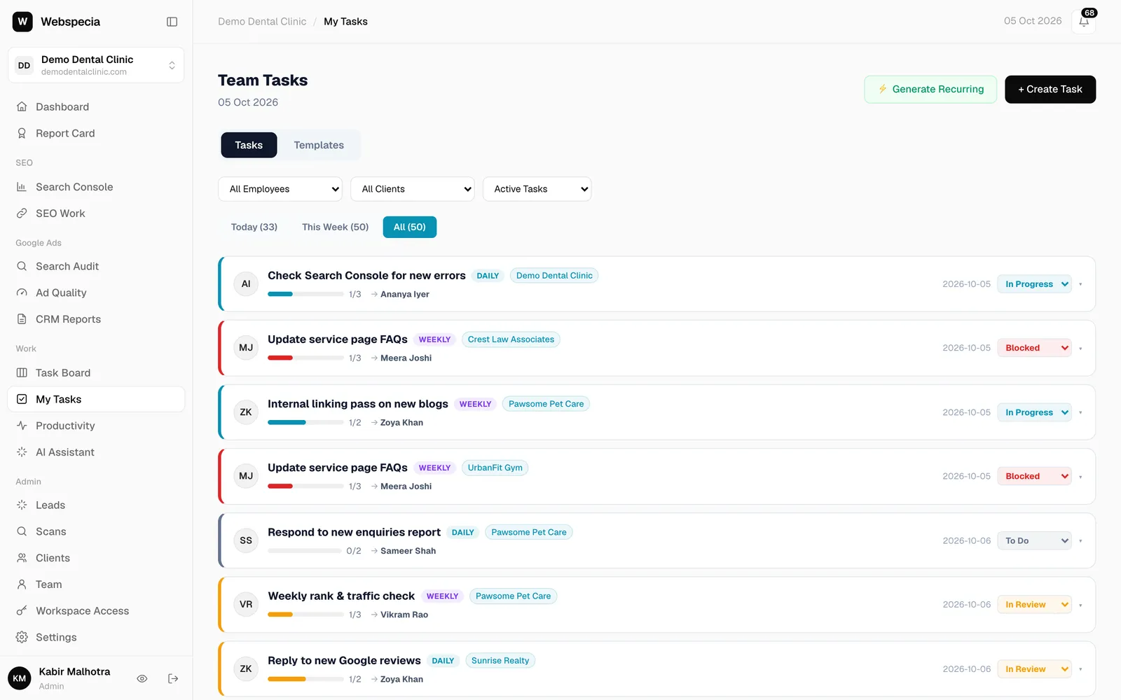 Team Tasks with Generate Recurring and Create Task buttons
