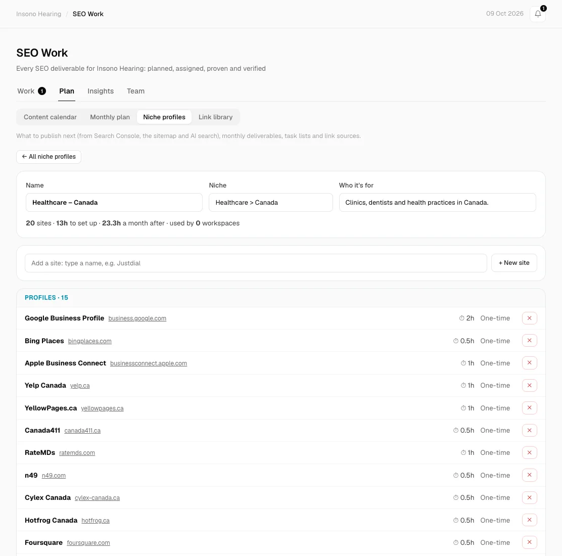 Managing a niche profile: add-a-site search and the list of sites with hours and frequency
