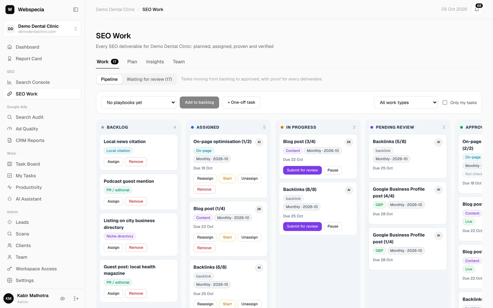 SEO Work pipeline with Backlog, Assigned, In progress, Pending review and Approved columns