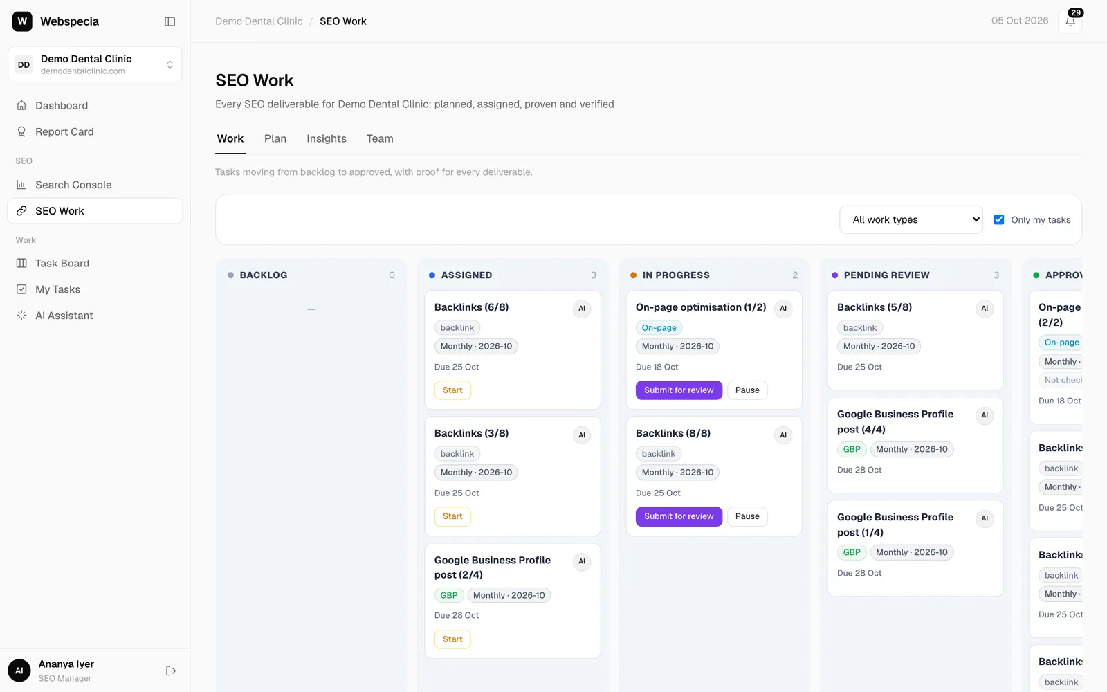 A task moved to In progress with Submit for review and Pause buttons