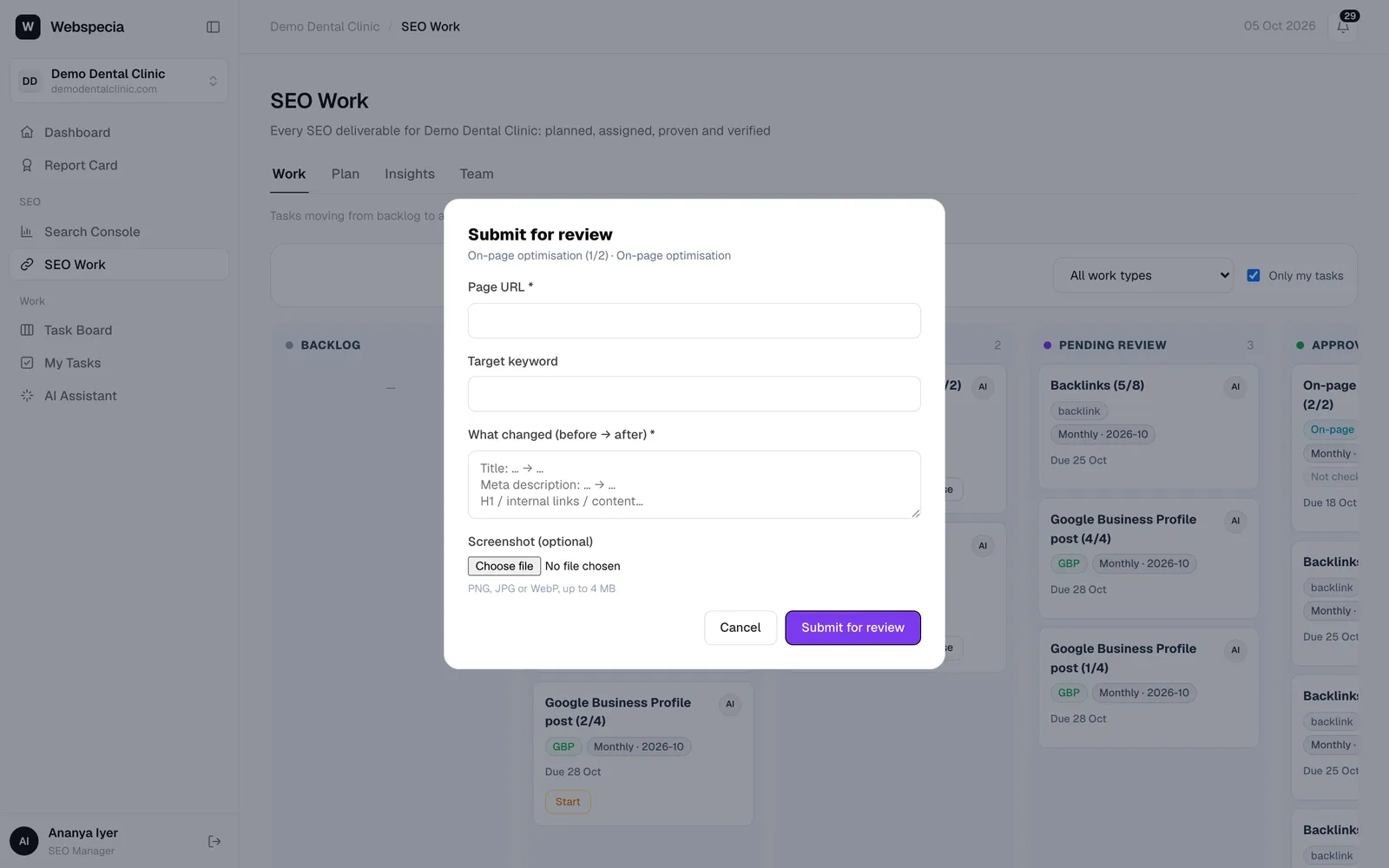 Submit for review form for on-page work