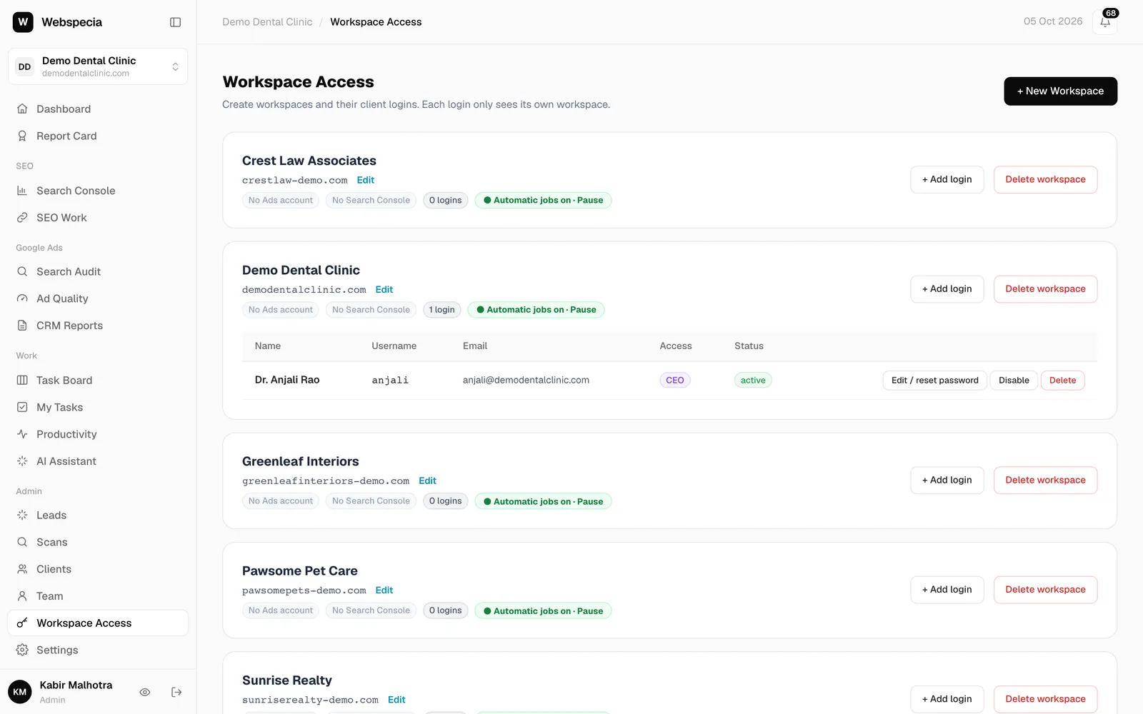 Workspace Access list with badges for Ads, Search Console, logins and automatic jobs