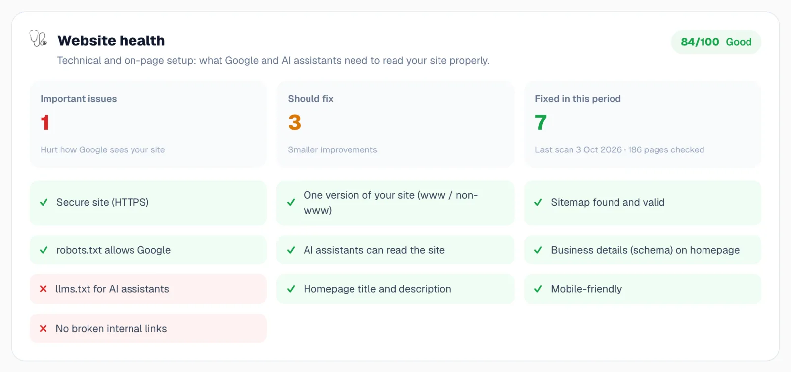 Website health: 84/100 with essentials checklist
